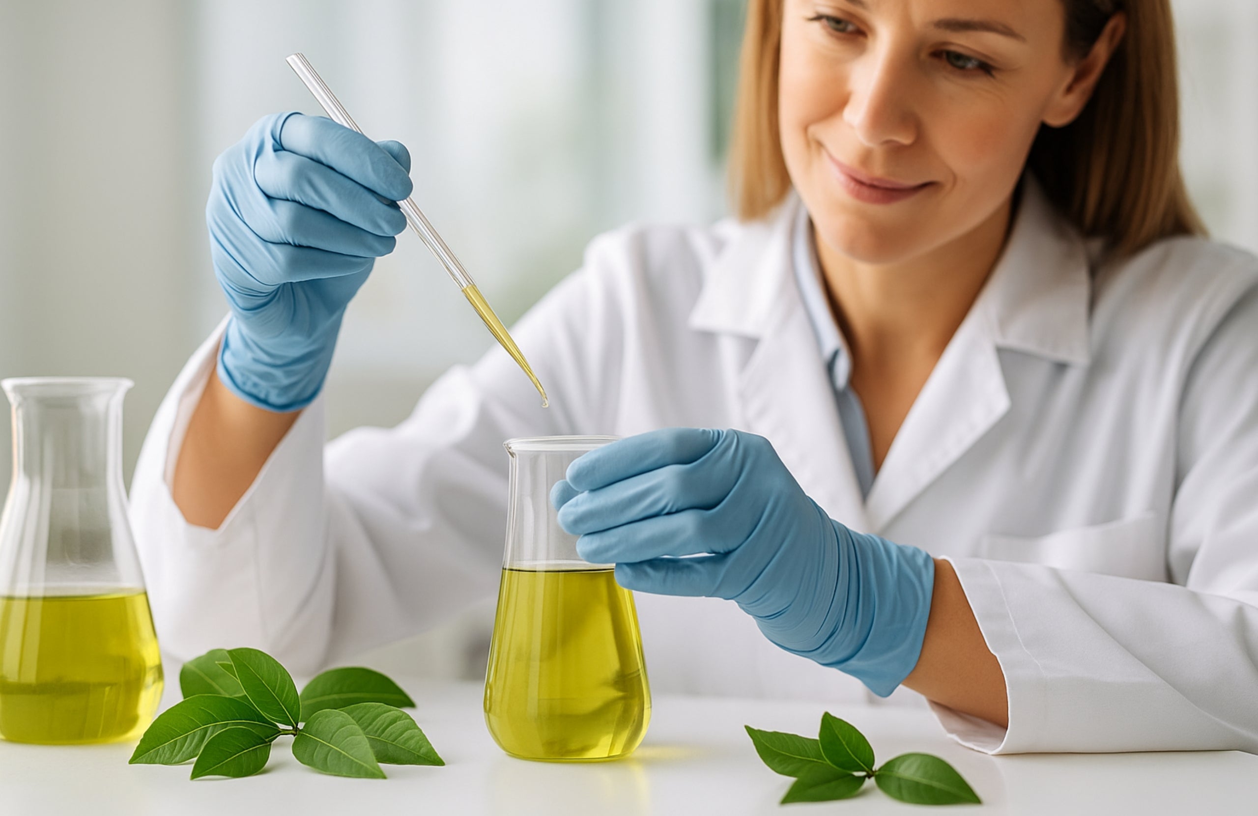 Wissenschaftlerin, die mit einem grünen Tee Extrakt arbeitet, um die Vorteile des green tea extract benefits zu erforschen.