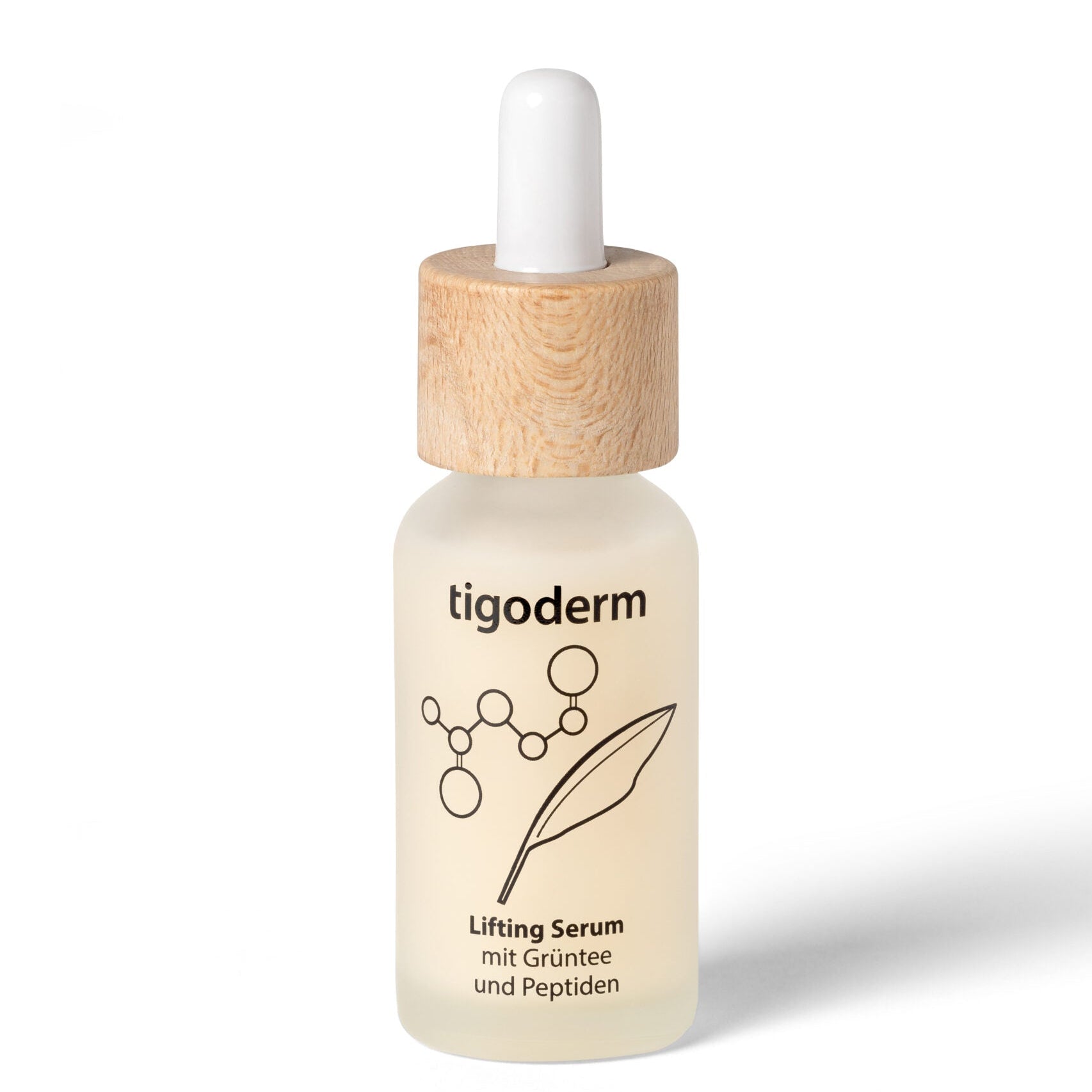 tigoderm Anti-Aging Lifting Serum mit EGCG und Peptiden in Glasflasche mit nachhaltigem Holzverschluss und Pipette.