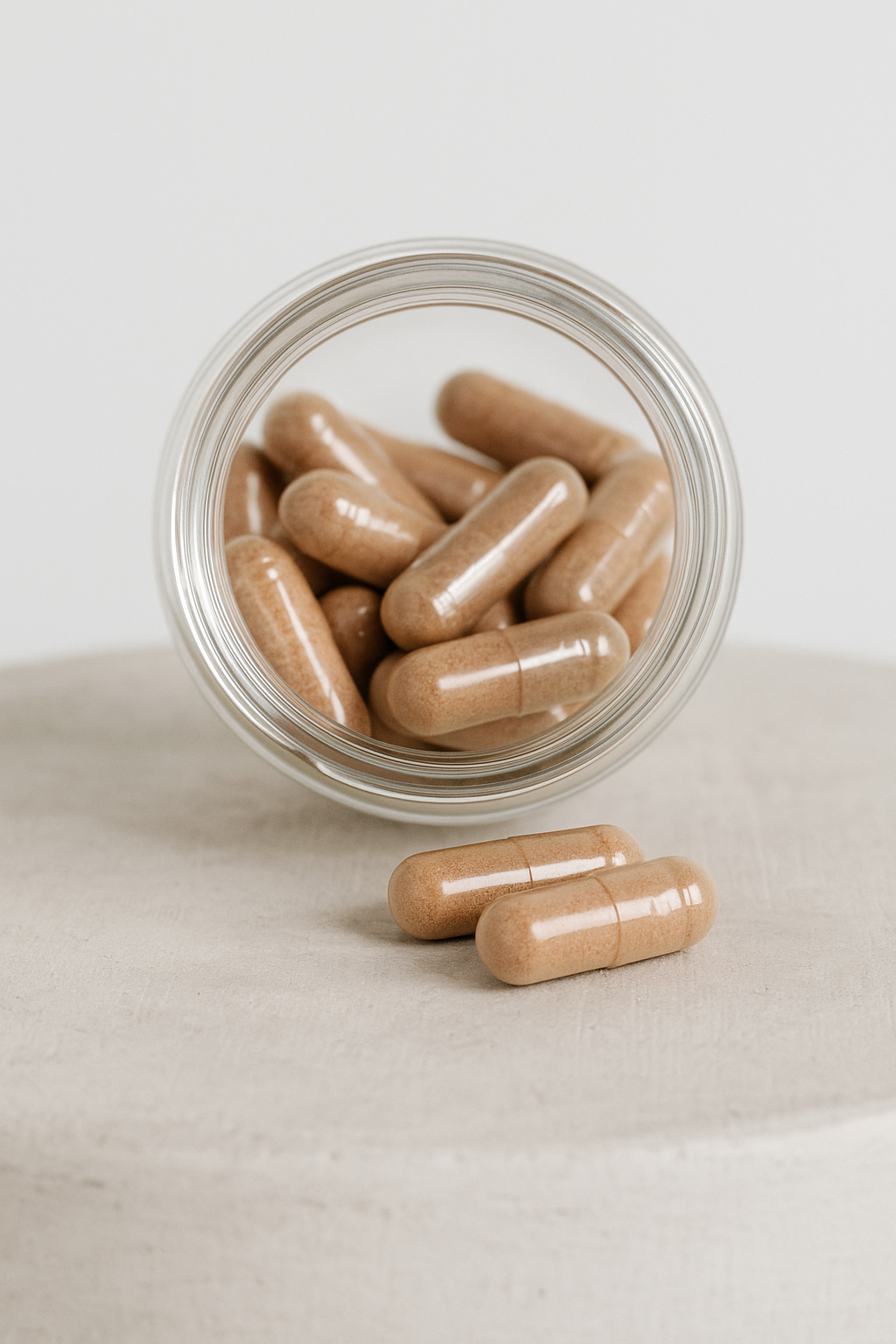 Nahaufnahme von veganen tigofem Frauenmantel Kapseln in einem Glasgefäß zur Unterstützung der Balance.