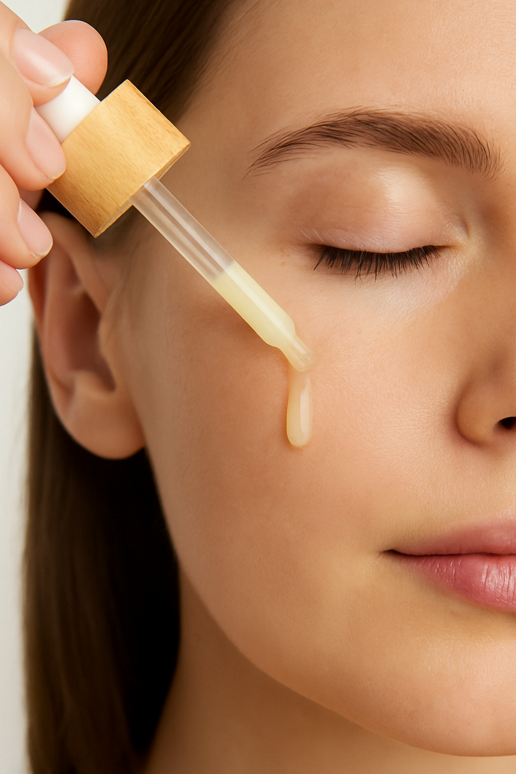 Anwendung des tigoderm Anti-Aging Lifting Serums mit Glaspipette auf die Wange für ein strahlendes Hautbild.