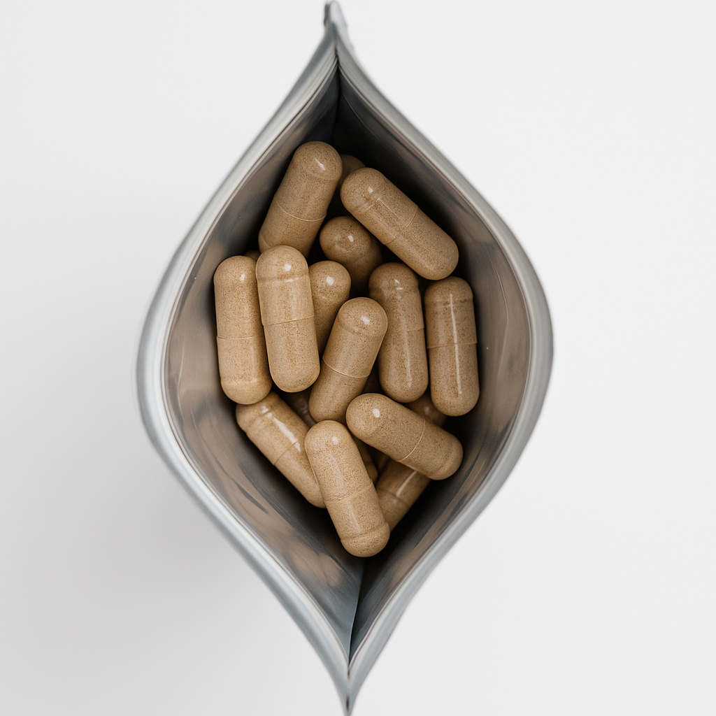 Draufsicht auf vegane tigofem Frauenmantelextrakt-Kapseln im geöffneten Refill-Nachfüllpack auf weißem Hintergrund.