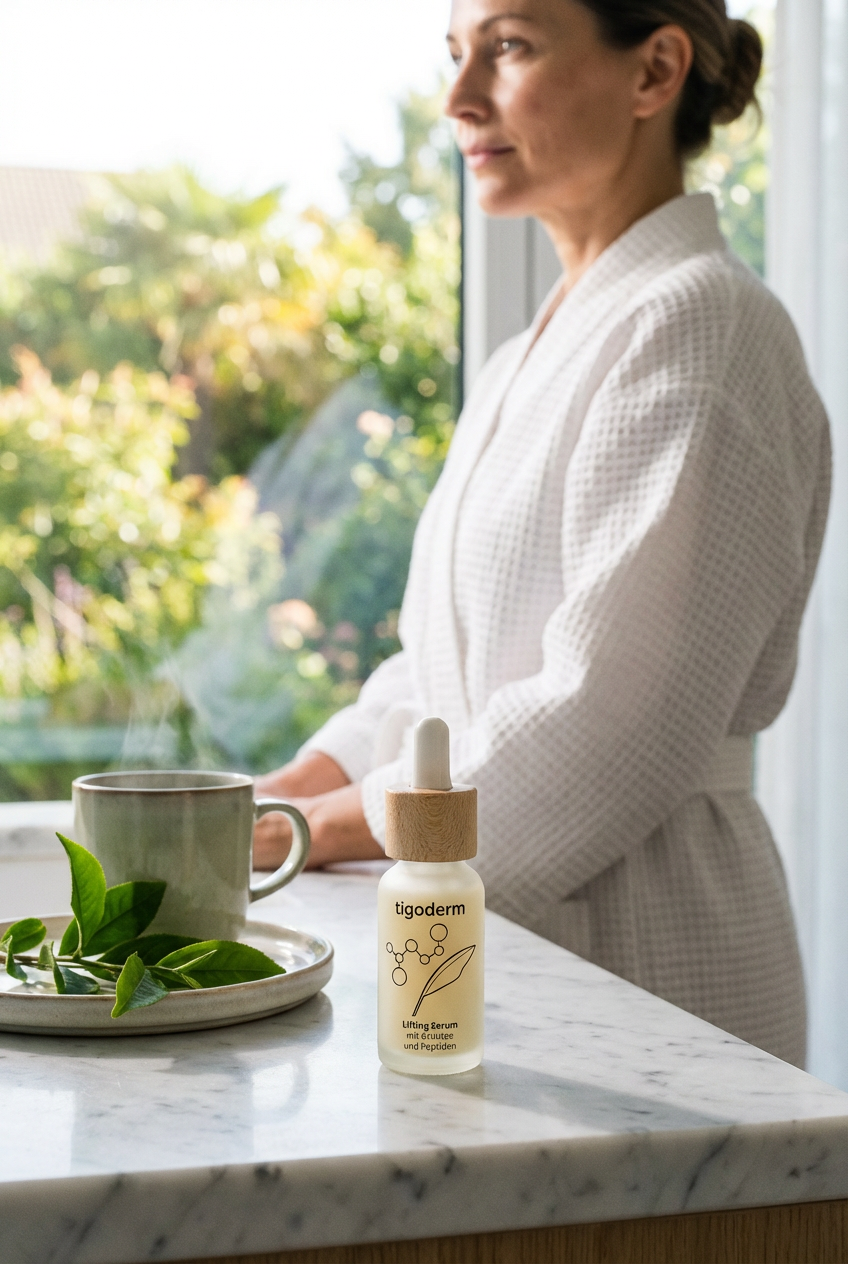 tigoderm Anti-Aging Lifting Serum mit EGCG & Peptiden vor Frau im Bademantel mit Teetasse und Grünteeblättern.