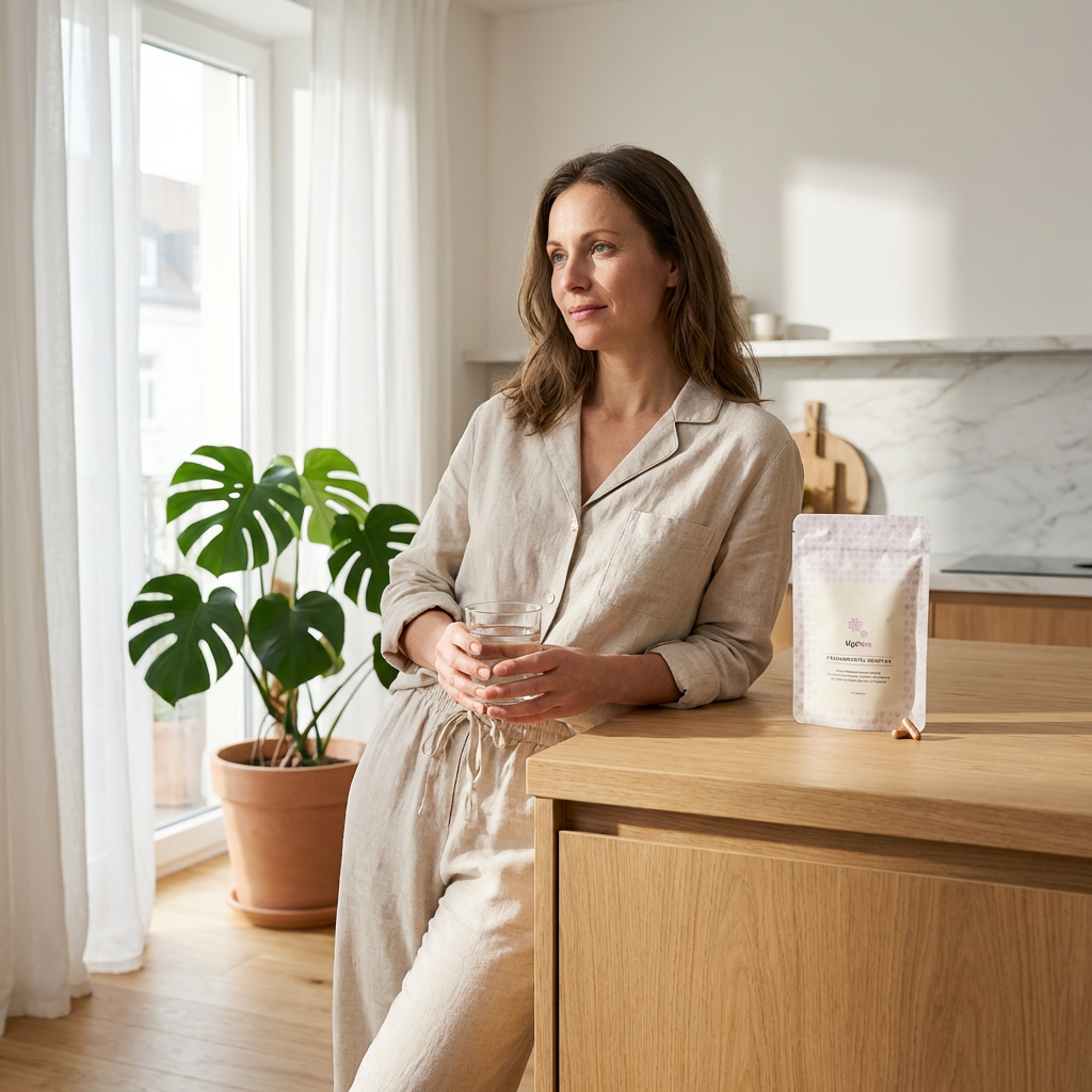 Entspannte Frau im Leinenoutfit mit Wasser in heller Küche. Daneben: tigofem Frauenmantelextrakt Kapseln im Nachfüllbeutel.
