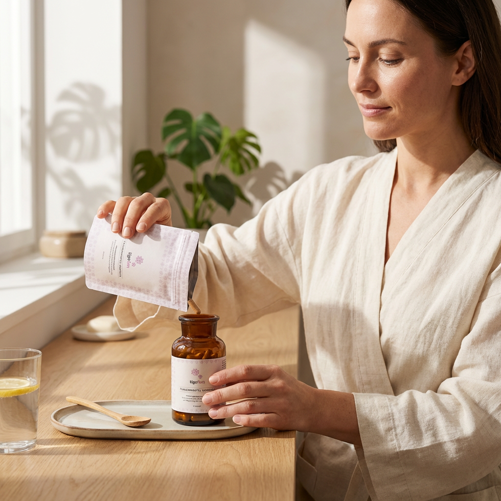 Frau füllt tigofem Frauenmantelextrakt Kapseln aus Refill-Beutel in Flasche; Wasser mit Zitrone auf Holztisch.