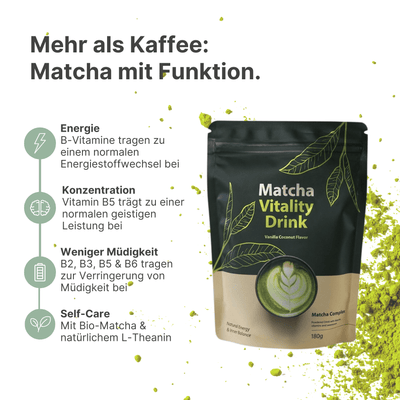 Matcha Vitality Drink 180g mit Kokos-Vanille-Geschmack mit Bio-Matcha & B-Vitamine.