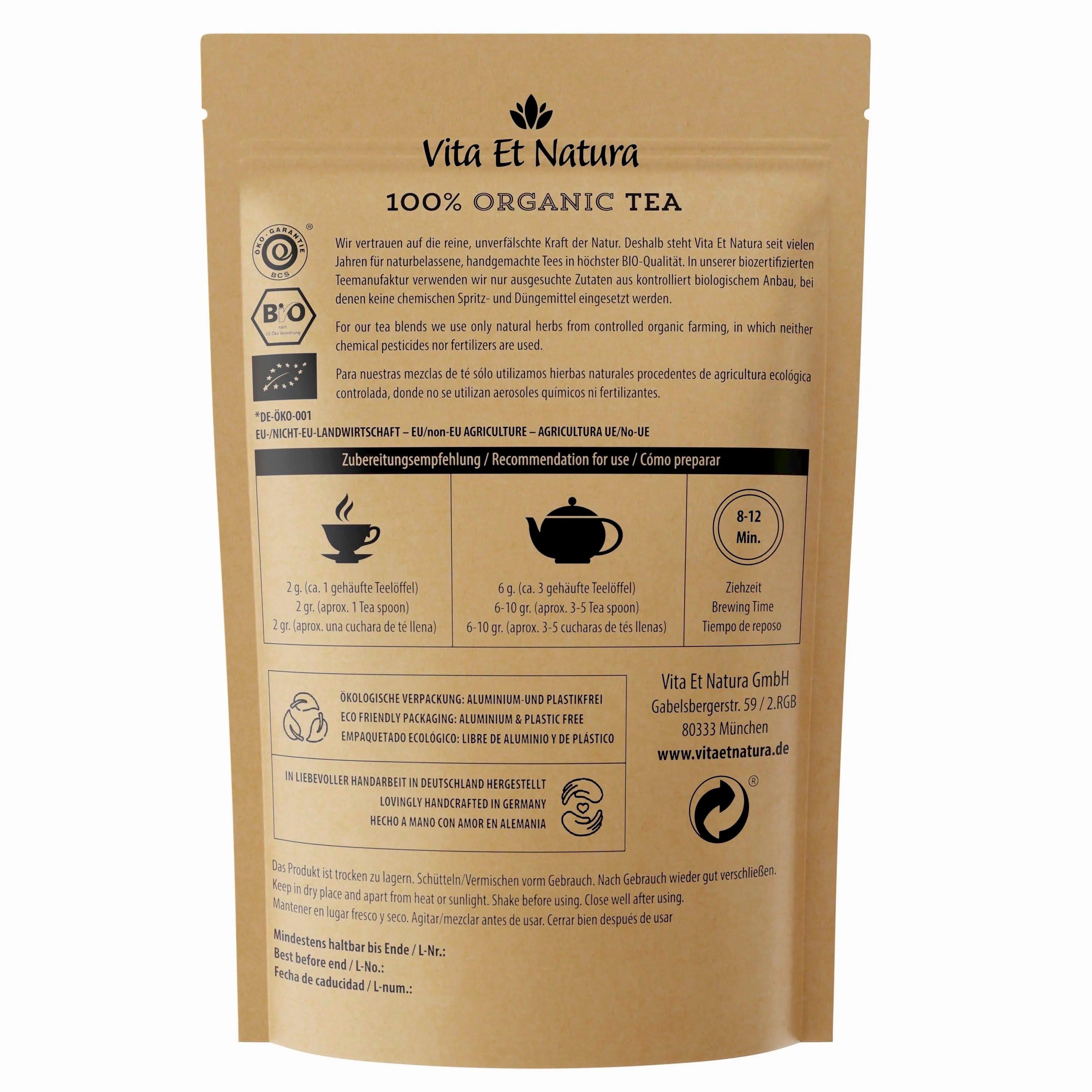 Rückseite der BIO Oriental Mint Tee Packung mit Zubereitungsempfehlung, Bio-Siegel und Infos zur Nana Minze.