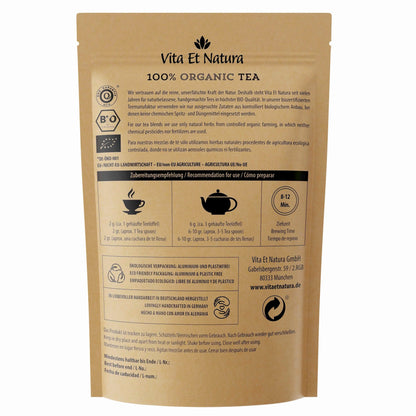 Rückseite der BIO Oriental Mint Tee Packung mit Zubereitungsempfehlung, Bio-Siegel und Infos zur Nana Minze.