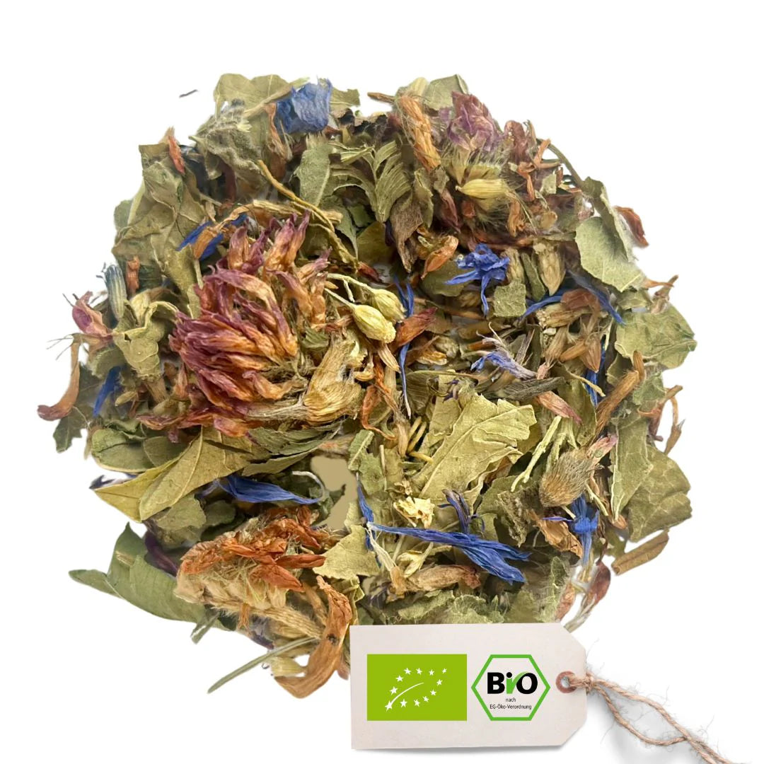 Nahaufnahme BIO-Wechselglück Abendtee für Wechseljahre mit Rotklee, Frauenmantel und blauen Kornblumen.