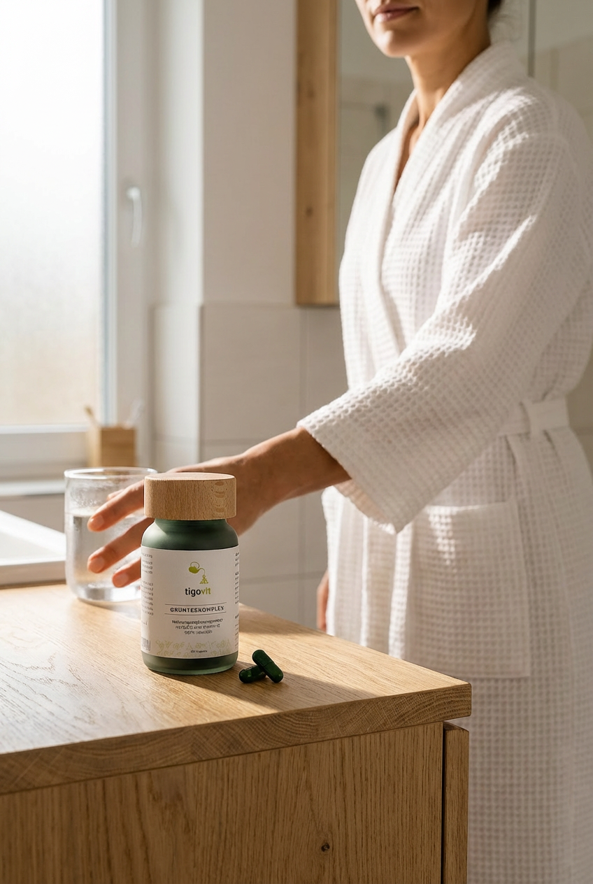 tigovit Grüntee-Extrakt Komplex Flasche und Kapseln im hellen Bad, Person im Bademantel greift nach Wasser.