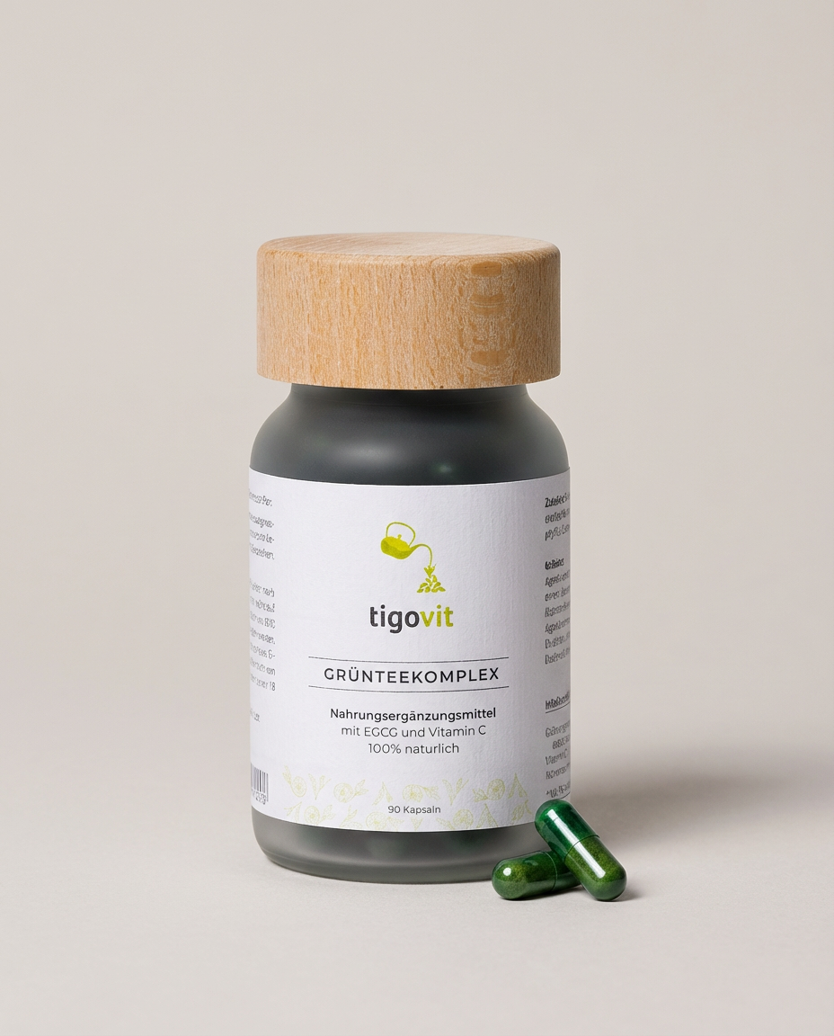 tigovit Grüntee-Extrakt Komplex Flasche (dunkles Glas, Holzdeckel) und zwei grüne Kapseln auf hellem Untergrund.