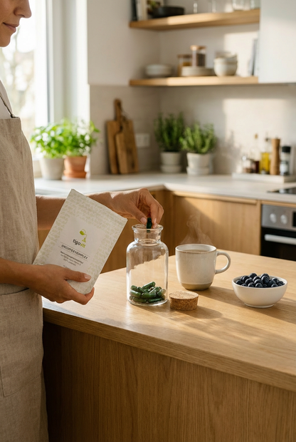 Eine Frau füllt tigovit Grüntee-Extrakt Kapseln aus dem Refill-Beutel in ein Glas, umgeben von Tee und Beeren in einer Küche.