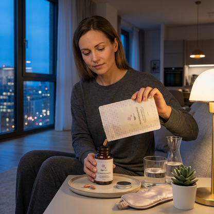 Frau füllt tigofem Frauenmantelkomplex Kapseln aus dem Nachfüllpack in eine Glasflasche – nachhaltiges Refill-System.