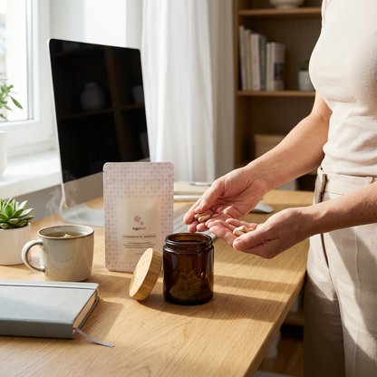 Frauen füllen tigofem Frauenmantelkomplex Kapseln aus dem Nachfüllpack in ein Braunglas am Schreibtisch um.
