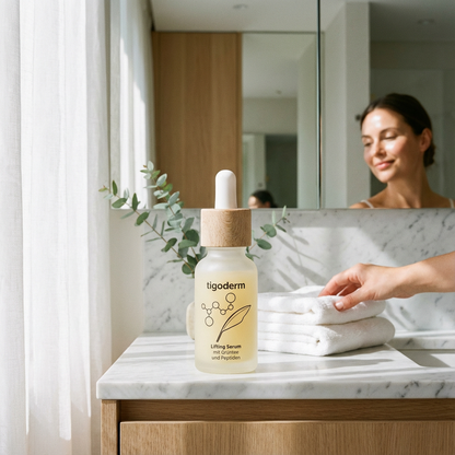 tigoderm Anti-Aging Lifting Serum mit Peptiden im Badezimmer, im Hintergrund Frau vor einem Spiegel lächelnd.