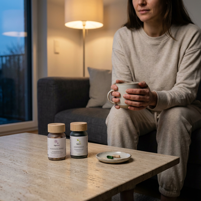 Das tigogreen Frauen-Balance Paket mit tigofem & tigovit Flaschen und Kapseln steht abends vor einer Frau mit Tasse.