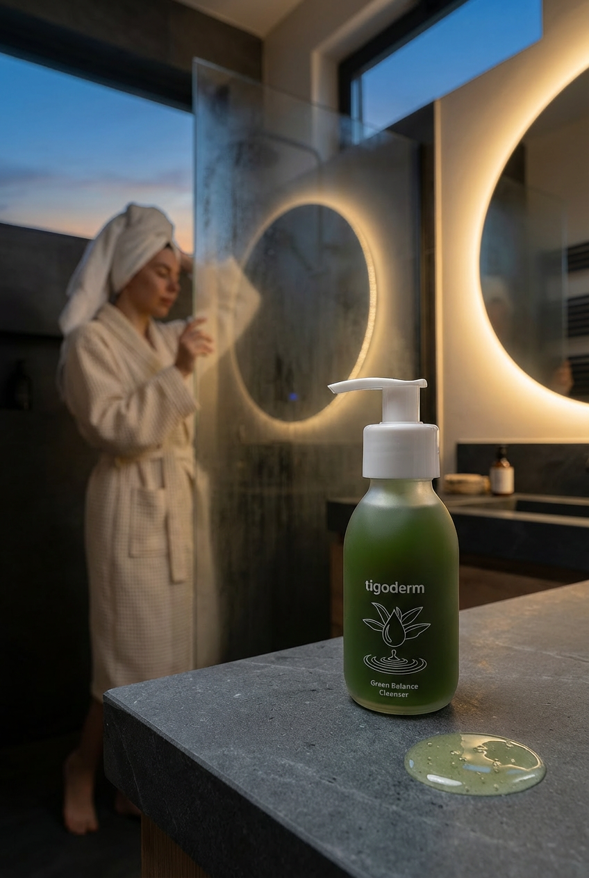 Grünes tigoderm Sanftes Gesichtswaschgel auf Waschtisch, daneben Textur. Frau im Bademantel im modernen Bad.