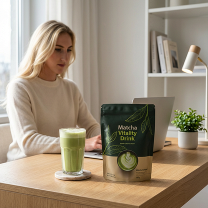 Frau am Laptop mit Bio Matcha Kollagen Drink Fokus & Energie Ritual von tigogreen im Homeoffice.