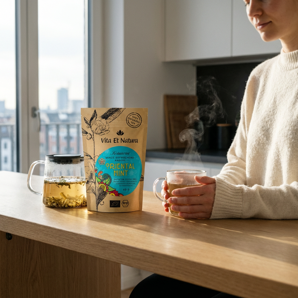 Frau genießt dampfenden tigogreen Bio Oriental Mint Tee in heller Küche. Die Packung mit Nana Minze steht auf dem Holztisch.