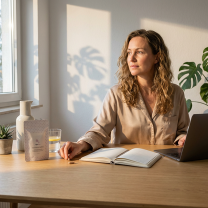 Frau am Schreibtisch mit tigofem Frauenmantelextrakt Kapsel. Die Refill Packung und Wasser sind daneben, sie schaut entspannt.