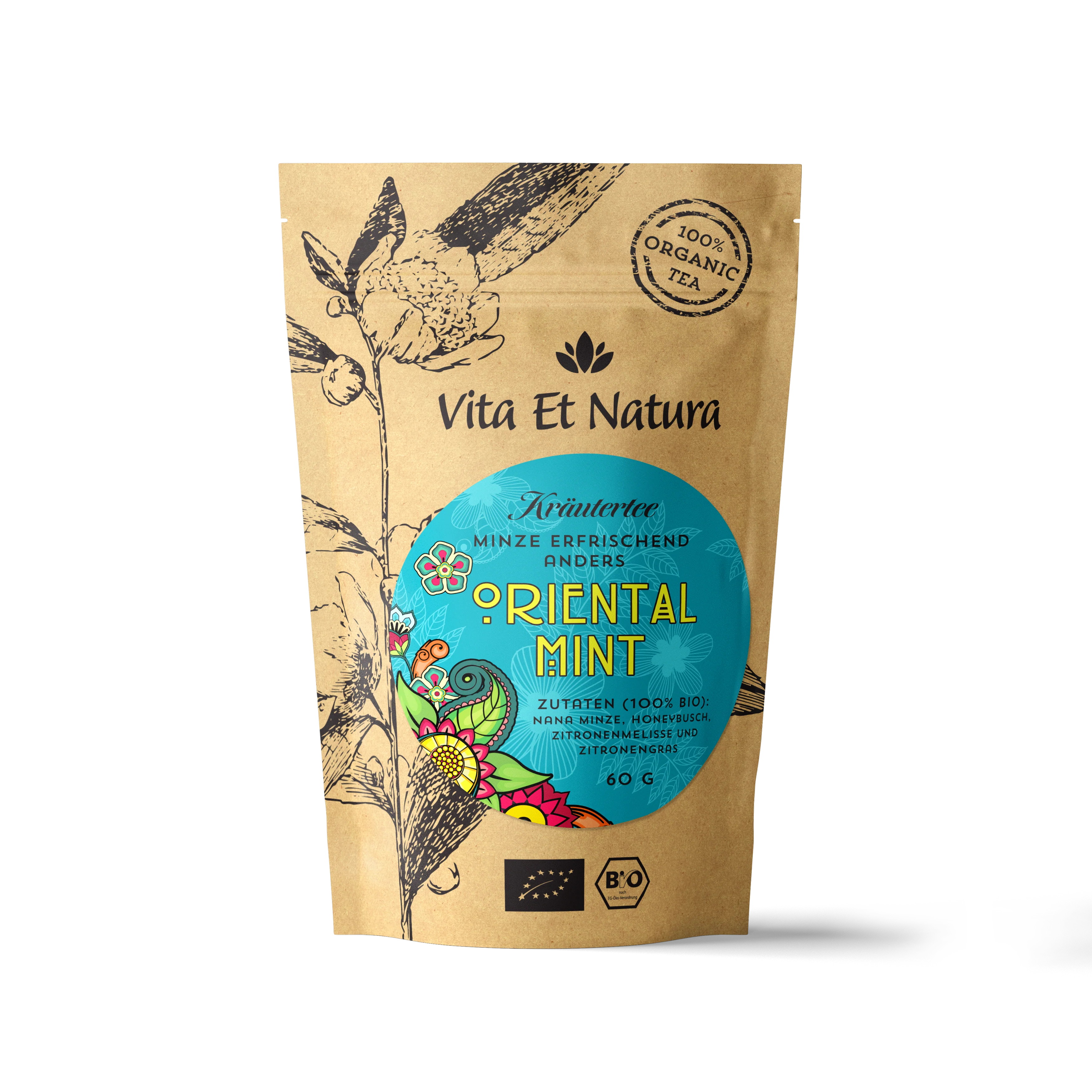 BIO Oriental Mint Kräutertee 60g Packung von Vita Et Natura mit Nana Minze, mentholfrei und in Bio-Qualität.