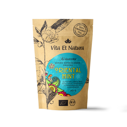 BIO Oriental Mint Kräutertee 60g Packung von Vita Et Natura mit Nana Minze, mentholfrei und in Bio-Qualität.